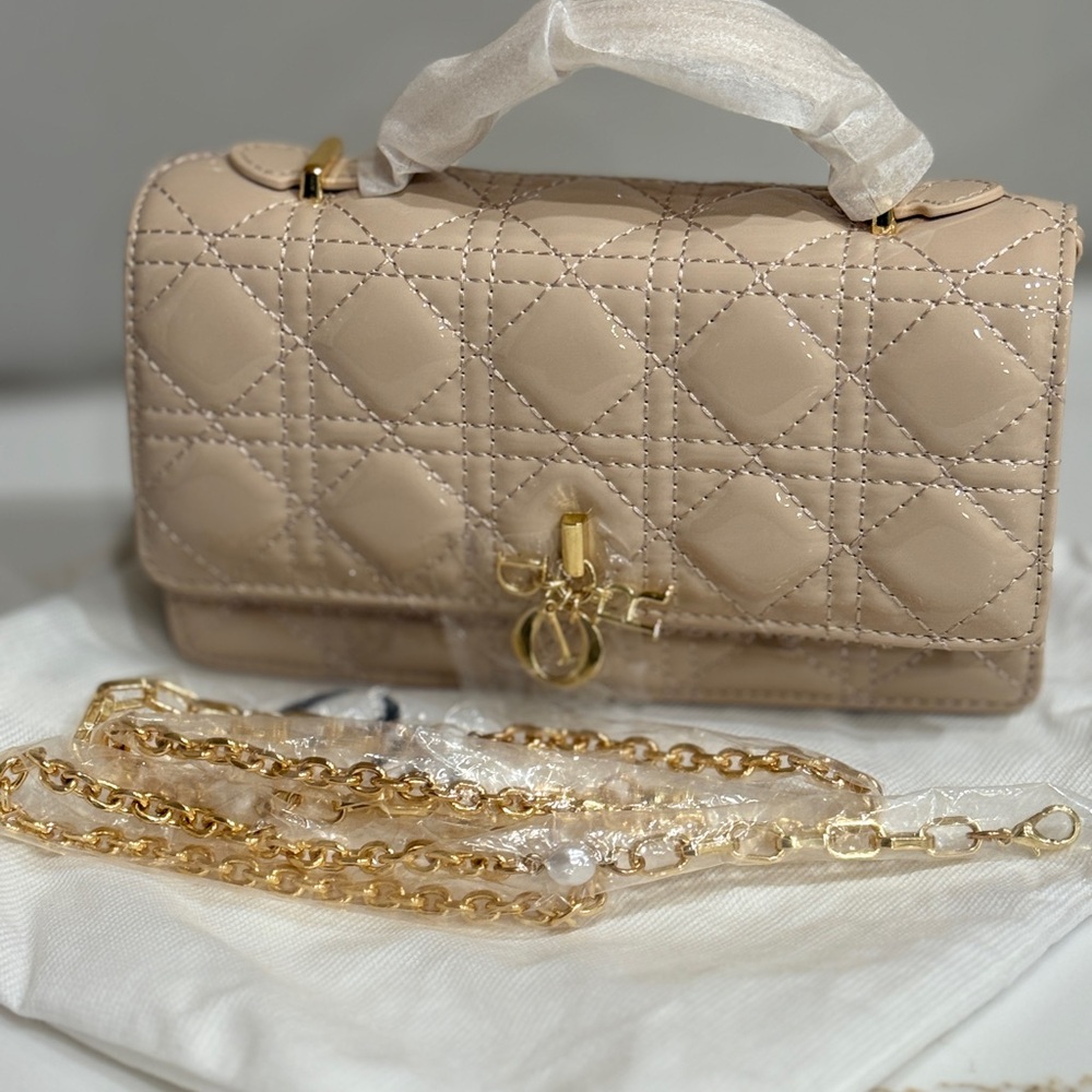 Dior Beige Quilted Shoulder Bag with Gold Chain